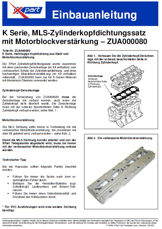 MG MGF MGTF   Zylinderkopf Dichtung  Original  ROVER  LVB500190